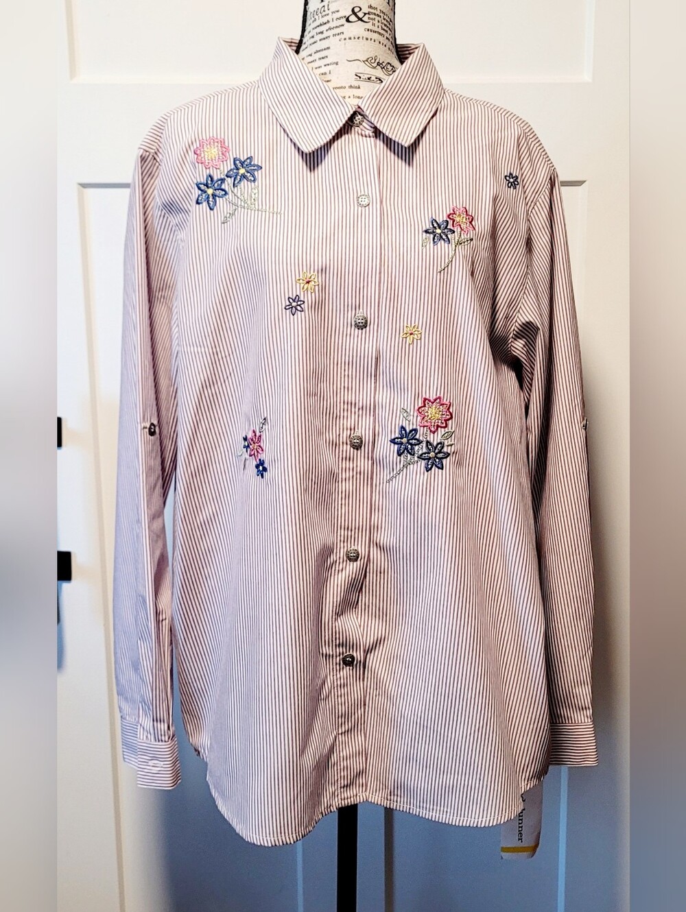 Alfred Dunner Womens Sz 20 Plum White Striped Embroidered Floral Shirt Coastal